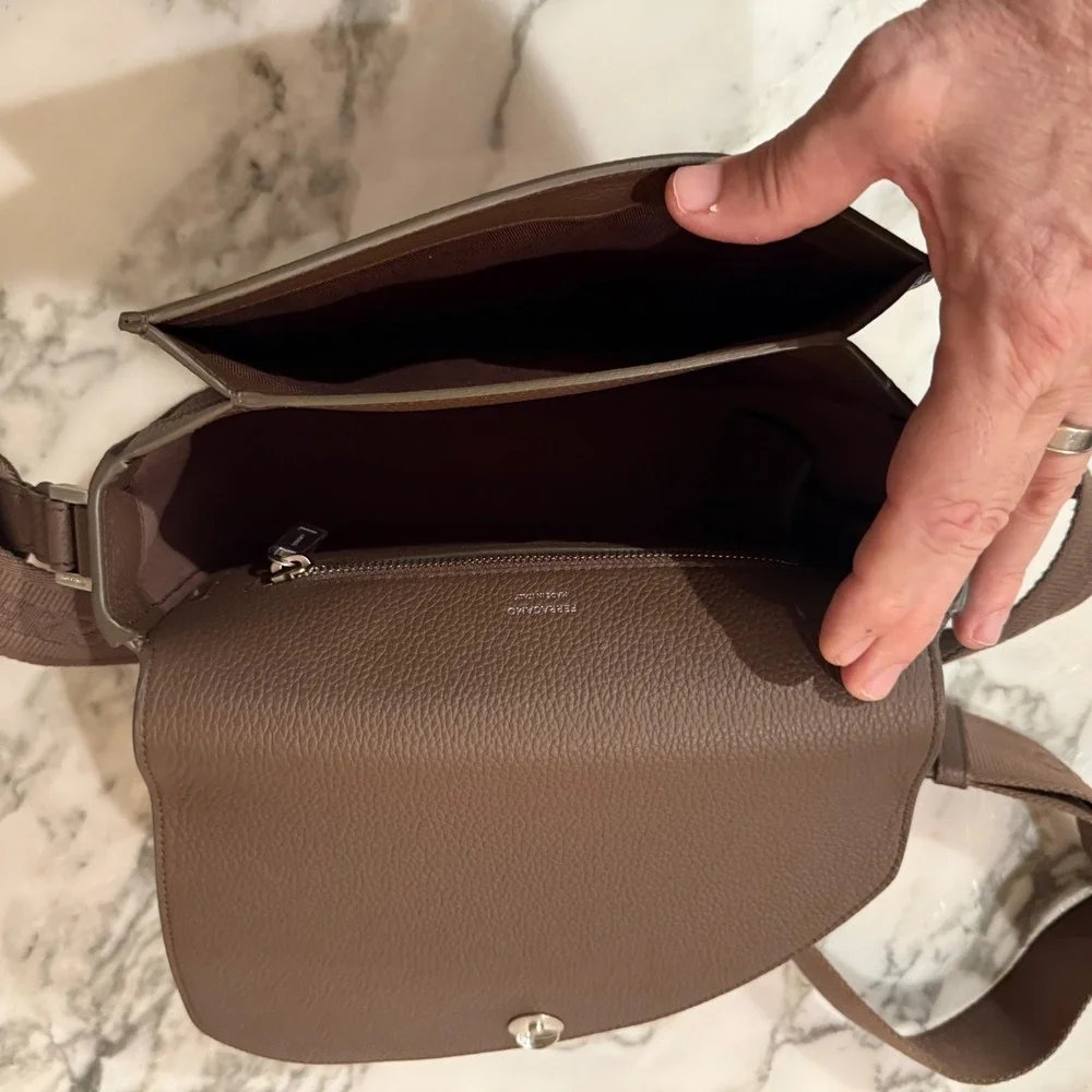 Salvatore Ferragamo Fiamma‎ Crossbody Bag in tan pebbled leather
